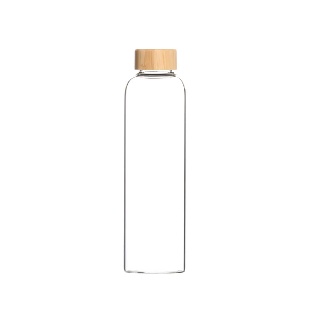 Schlanke Glas-Trinkflasche mit einem schlichten Bambus-Schraubdeckel.