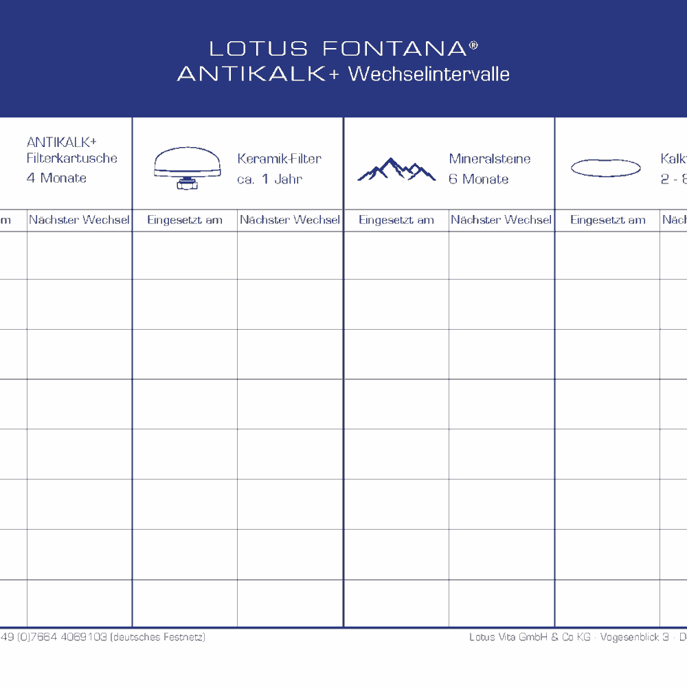 Servicekarte zur Dokumentation der Wechselintervalle für die verschiedenen Filterkomponenten eines Lotus Vita Wasserfiltersystems.